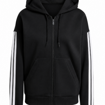 Black Full-Zip Hoodie with White Sleeve Stripes