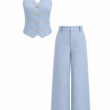 Light Blue Halter Vest and Wide-Leg Trousers Set