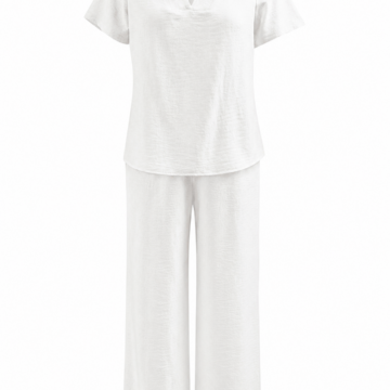 White V-Neck Cutout Top and Wide-Leg Pants Set