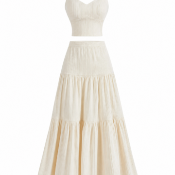 Cream Ribbed Two-Piece Set with Cropped Cami and Tiered Maxi Skirt