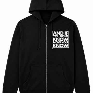 Black Full-Zip Hoodie with Chest Text and Split Kangaroo Pockets