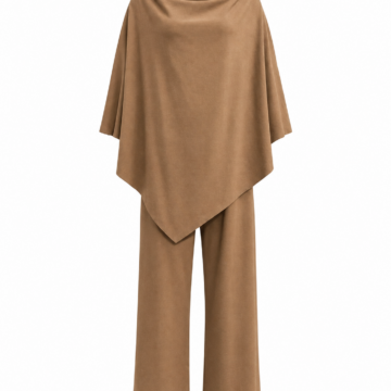 Camel Brown Cowl-Neck Poncho Top and Wide-Leg Pants Set