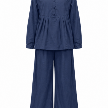 Navy Woven Two-Piece Set with Band Collar Top and Wide-Leg Trousers