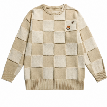 Cream Checkerboard Oversized Drop Shoulder Crew Neck Sweater