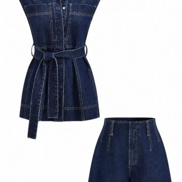 Dark Indigo Denim Two-Piece Set with Sleeveless Belted Top and High-Waisted Shorts