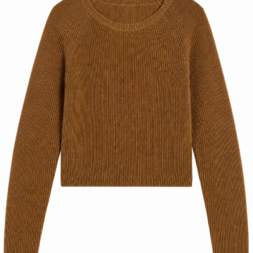 Brown Cropped Ribbed Knit Crew Neck Raglan Sweater