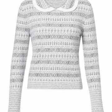 Light Grey Heathered Jacquard Knit Rounded Collar Long Sleeve Top