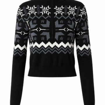 Black Winter Pattern Mock Neck Half Zip Ribbed Knit Sweater