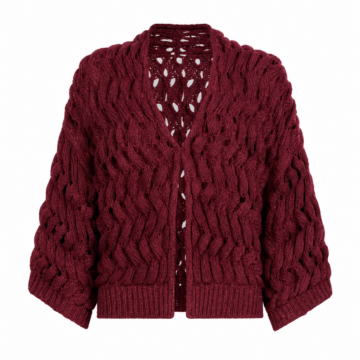 Burgundy Open-Front Cable Knit Cropped Cardigan