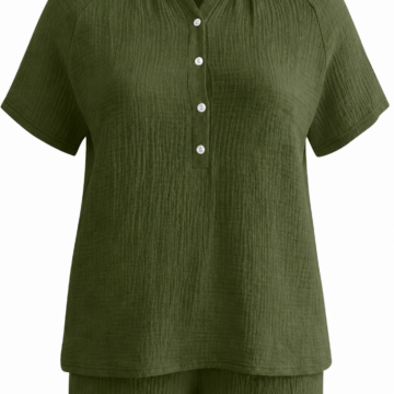 Dark Olive Crinkled Two-Piece Set with Collared Top and Cuffed Shorts