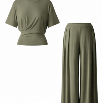 Sage Green Cinched Waist T-Shirt and Wide-Leg Pants Set