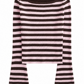Brown and Pink Striped Boat Neck Ribbed Knit Bell Sleeve Top