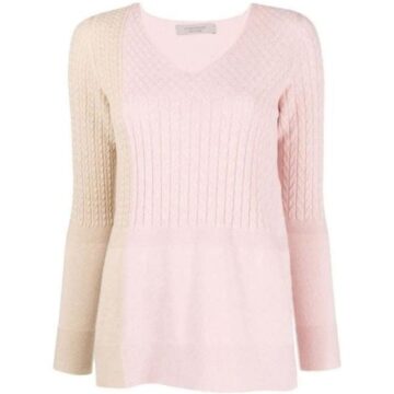 Pink and Cream Color Block V-Neck Sweater