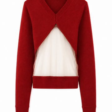 Deep Red Cropped Cardigan with Sheer Mesh Panel