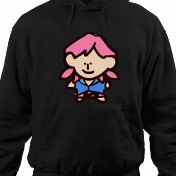 Black Pullover Hoodie with Cartoon Graphic and Kangaroo Pocket